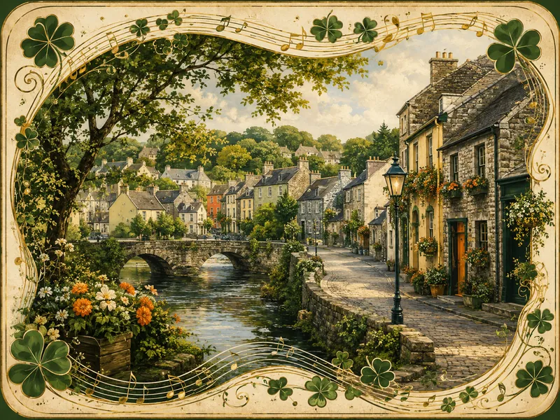 Lyrical Irish town visual with bridge, flowers, shamrocks and musical motifs