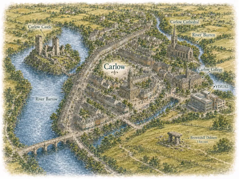 Illustrated watercolor map of Carlow showing the River Barrow, River Burren, Carlow Castle ruins, Carlow Cathedral, Carlow College, VISUAL and Brownshill Dolmen.