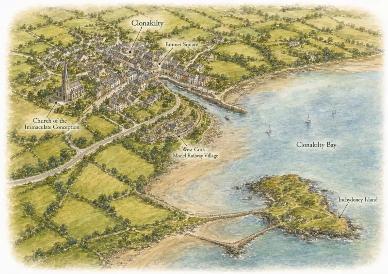 Illustrated bird's-eye map of Clonakilty town, Clonakilty Bay and Inchydoney Island