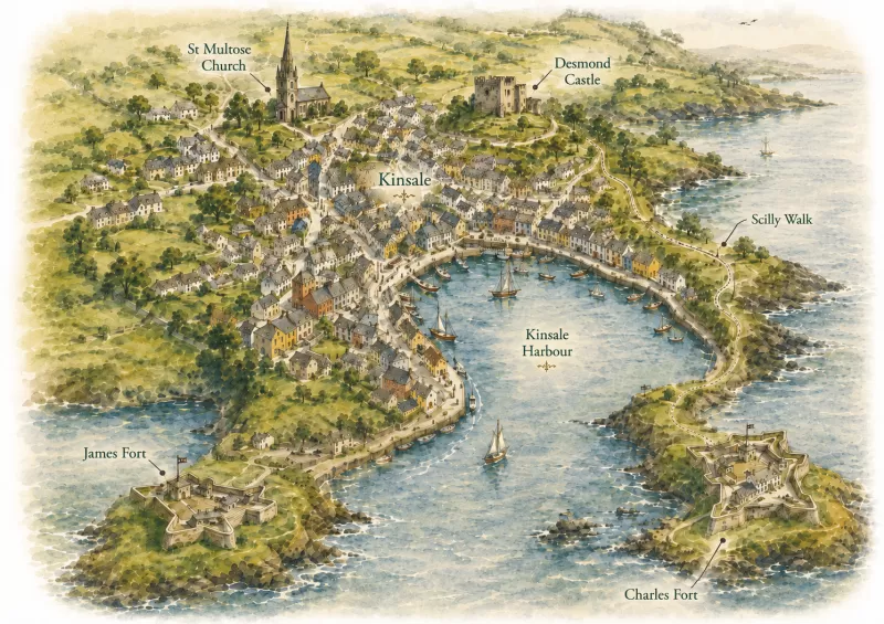 Illustrated map of Kinsale showing Kinsale Harbour, River Bandon, Charles Fort, James Fort, St Multose Church and Desmond Castle.