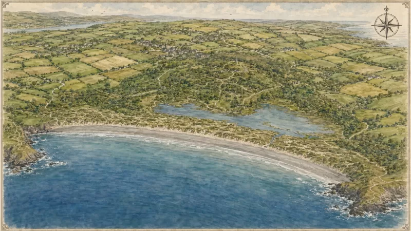 Illustrated map of Long Strand, its dunes, Kilkeran Lake and Castlefreke woodland